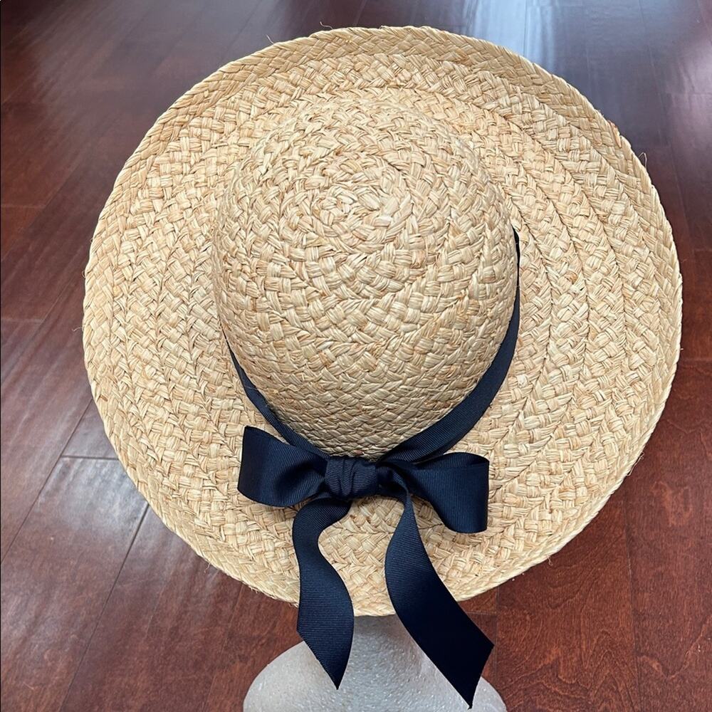 American Hat Company 100% Natural Straw Hat with Navy Ribbon Bow